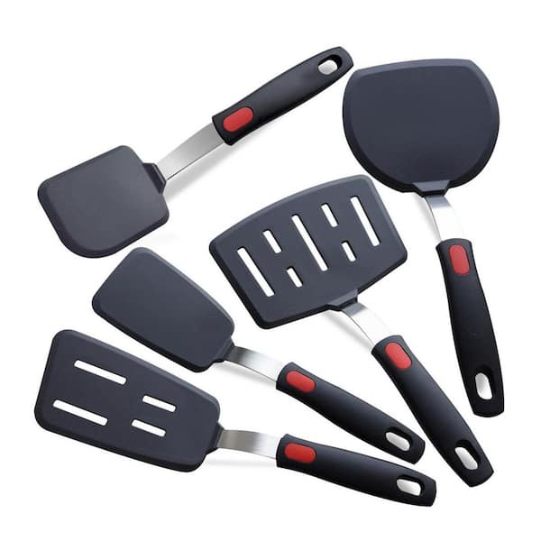 5-Piece Gray Silicone Nonstick Heat Resistant Ergonomic Handle Dishwasher Safe Kitchen Spatula Turner Accessory Set