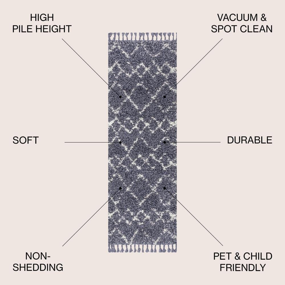 Blue/Cream Moroccan Tribal Geometric Trellis Synthetic Shag Rug