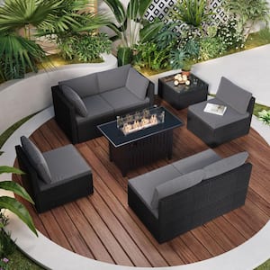 8-Piece Black Wicker Patio Conversation Set with 43 in. Outdoor Fire Pit Table and Coffee Table