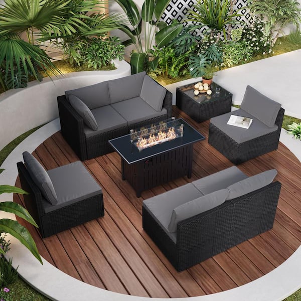 LQOFZ 8-Piece Black Wicker Patio Conversation Set with 43 in. Outdoor Fire Pit Table and Coffee Table