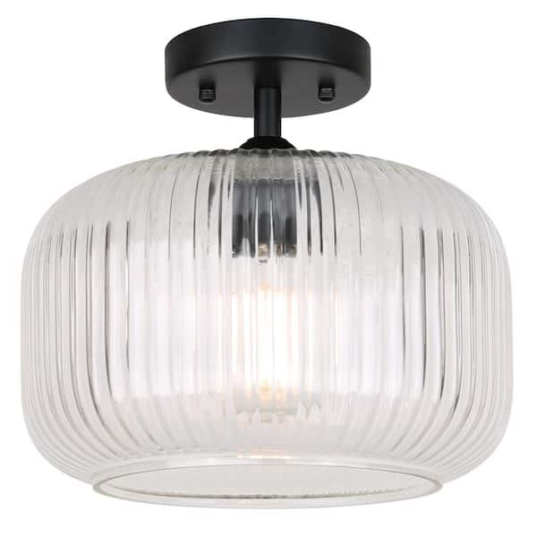 CANARM Holt 11 in. 1-Light Matte Black Vintage Flush Mount with Ribbed Glass Shade