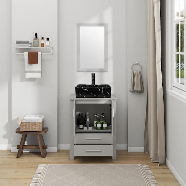 24 in. W x 20 in. D x 32 in. H Single Sink Bath Vanity in Gray with Gray Solid Surface Top and Mirror