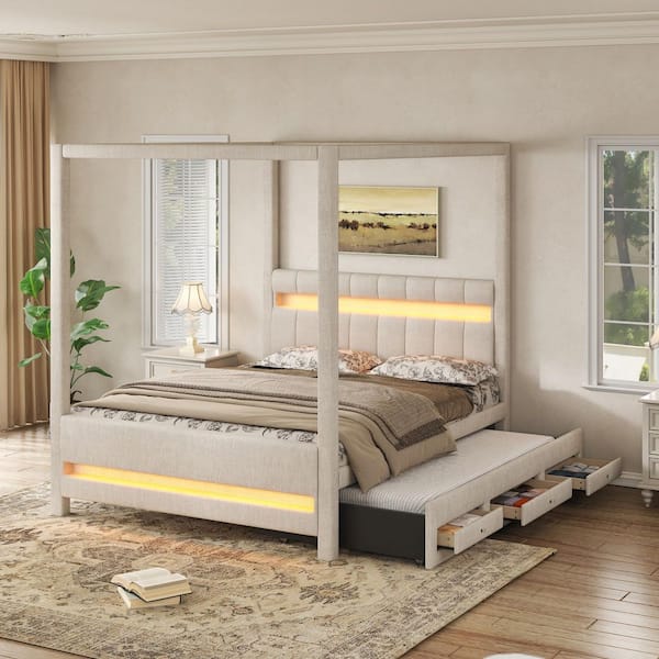 Pryo Beige Wood Frame Queen Canopy Bed Platform Bed with Upholstery Headboard, Trundle Bed, Drawers Plus LED Lights
