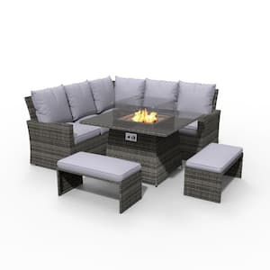 Flame 5-Pieces Gray Wicker Patio Conversation Set with Gray Cushions