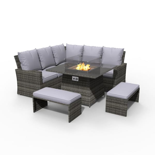 DIRECT WICKER Flame 5-Pieces Gray Wicker Patio Conversation Set with Gray Cushions