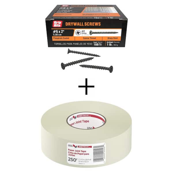 6 x 2 in. Phillips Bugle Head Drywall Screws 1 lb Box and 2 1/16 in. x 250 ft. Drywall Joint Tape Combo