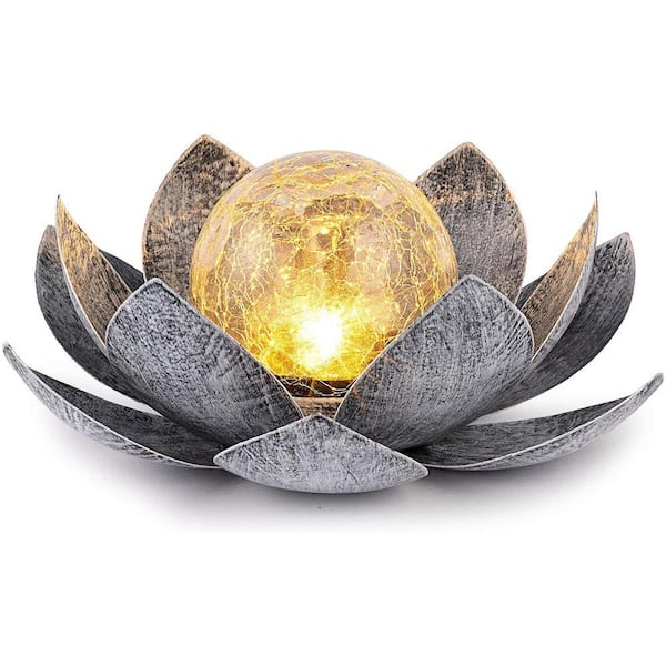 Solar Lights Outdoor Garden, Crackle Globe Glass Lotus Decoration, Waterproof LED Metal Flower Lights