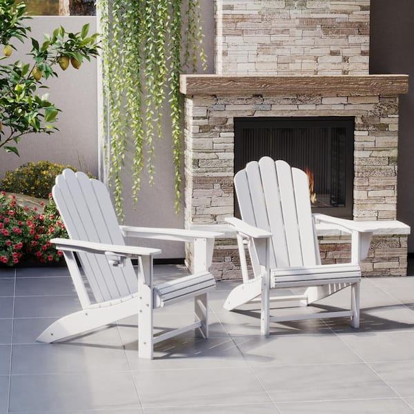 Aderson Set of 2 All Weather Fade Resistant Outdoor Patio HDPE Adirondack Chairs with Cup Holders in White