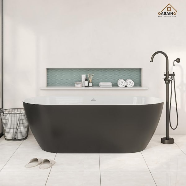 CASAINC 67 in. Stone Resin Flatbottom Non-Whirlpool Freestanding Solid Surface Bathtub in Matte Black Outside and White Inside