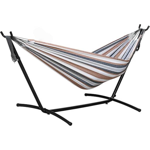 8.86 ft. Double Hammocks with Stand for Outside and Indoor Outdoor Patio with Carrying Bag, 450 lb. Capacity in Coffee