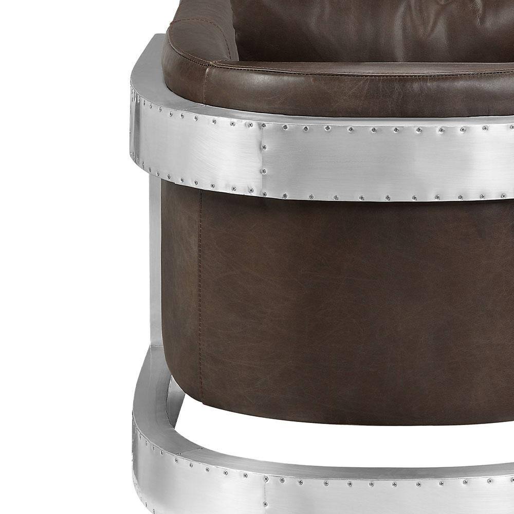 Espresso Brown Leather and Metal Industrial Accent Chair