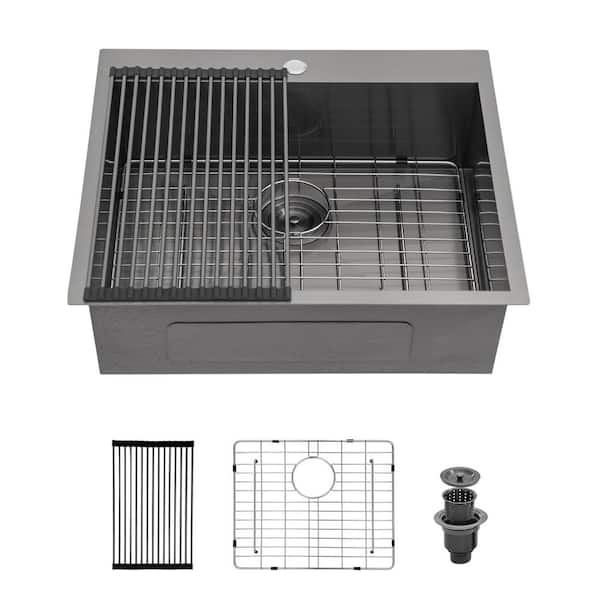 YSQCAR 28 in. x 22 in. Drop-in Single Bowl Gunmetal Black Stainless Steel Kitchen Sink with Bottom Grid and Drain Assembly