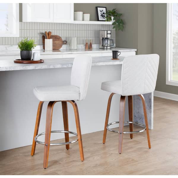 Lumisource Henry 27 in. White Fabric, Walnut Wood and Chrome Metal Fixed-Height Counter Stool (Set of 2)