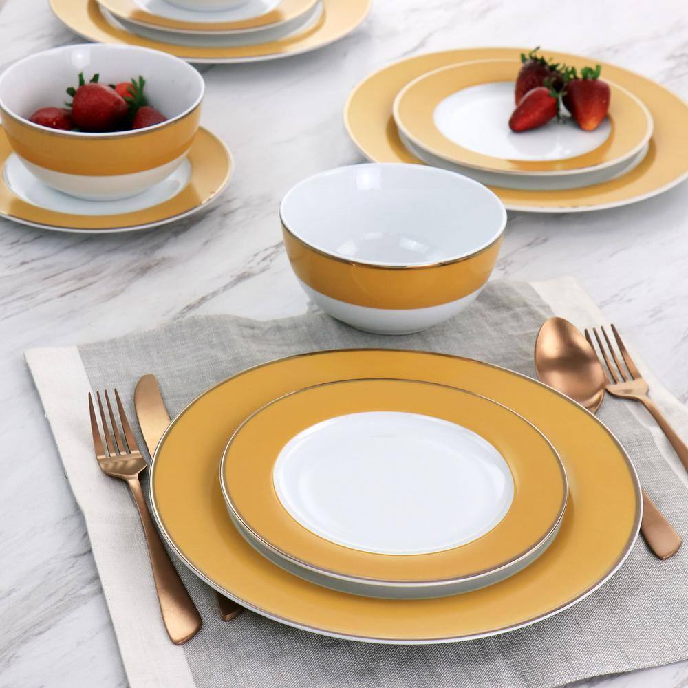 Yellow Ceramic 12-Piece Dinnerware Set with Gold Rim