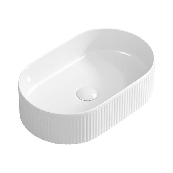19.3 in. L Oval White Ceramic Bathroom Vessel Sink with Wavy Texture Design, Above Counter Single Bowl Art Basin
