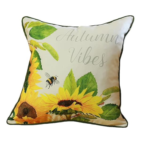 MIKE & Co. NEW YORK Decorative Fall Thanksgiving Throw Pillow Cover Sunflowers 18 in. x 18 in. White and Yellow and Green Lumbar