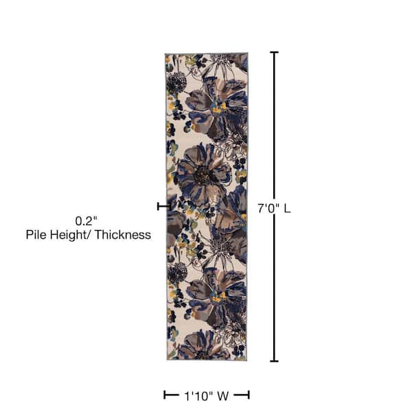 Contemporary Bright Flowers Non-Slip (Non-Skid) Cream 1 ft. 10 in. x 7 ft. Indoor Runner Rug