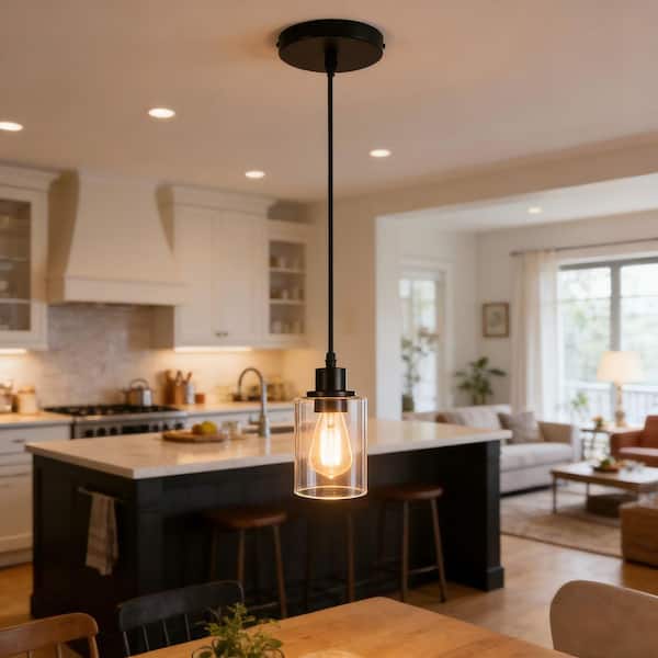 60-Watt 1-Light Matte Black Pendant Light with Round Glass Shade, E26 Base Decorative Hanging Fixture, No Bulbs Included