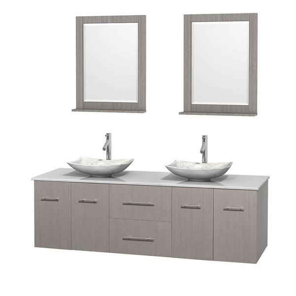 Wyndham Collection Centra 72 in. Double Vanity in Gray Oak with Solid-Surface Vanity Top in White, Carrara Marble Sinks and 24 in. Mirror