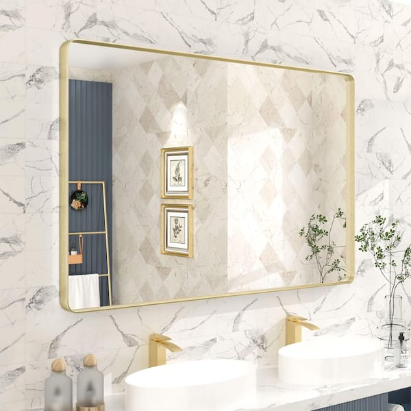 Apmir 48 in. W x 32 in. H Rectangular Aluminum Alloy Framed and Tempered Glass Wall Bathroom Vanity Mirror in Brushed Gold