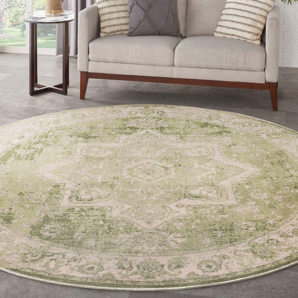 Astra Machine Washable Ivory Green 8 ft. x 8 ft. Center medallion Traditional Round Area Rug