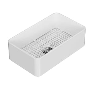 33 in. Undermount Single Bowl Sink White Ceramic Kitchen Sink with Bottom Grid and Basket Strainer