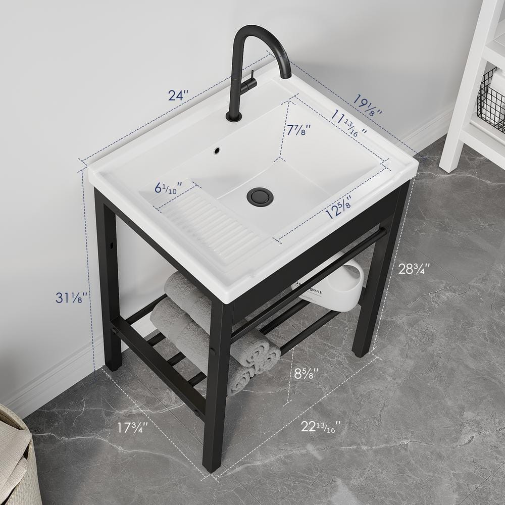 24" White Ceramic Freestanding Laundry Sink with Black Metal Frame