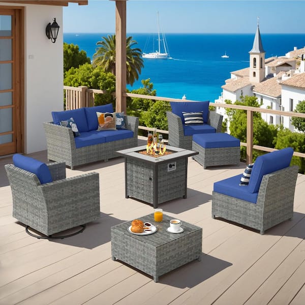 OVIOS Bexley Gray 8-Piece Wicker Fire Pit Patio Conversation Seating Set with Navy Blue Cushions and Swivel Chairs