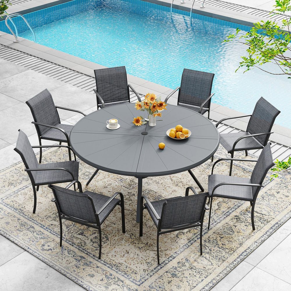 9-Piece Patio Dining Set with 53.1 in. Grey Aluminum Round Table and 8-Grey Stackable Dining Chairs for Outdoor Use price history on PriceWatchPro