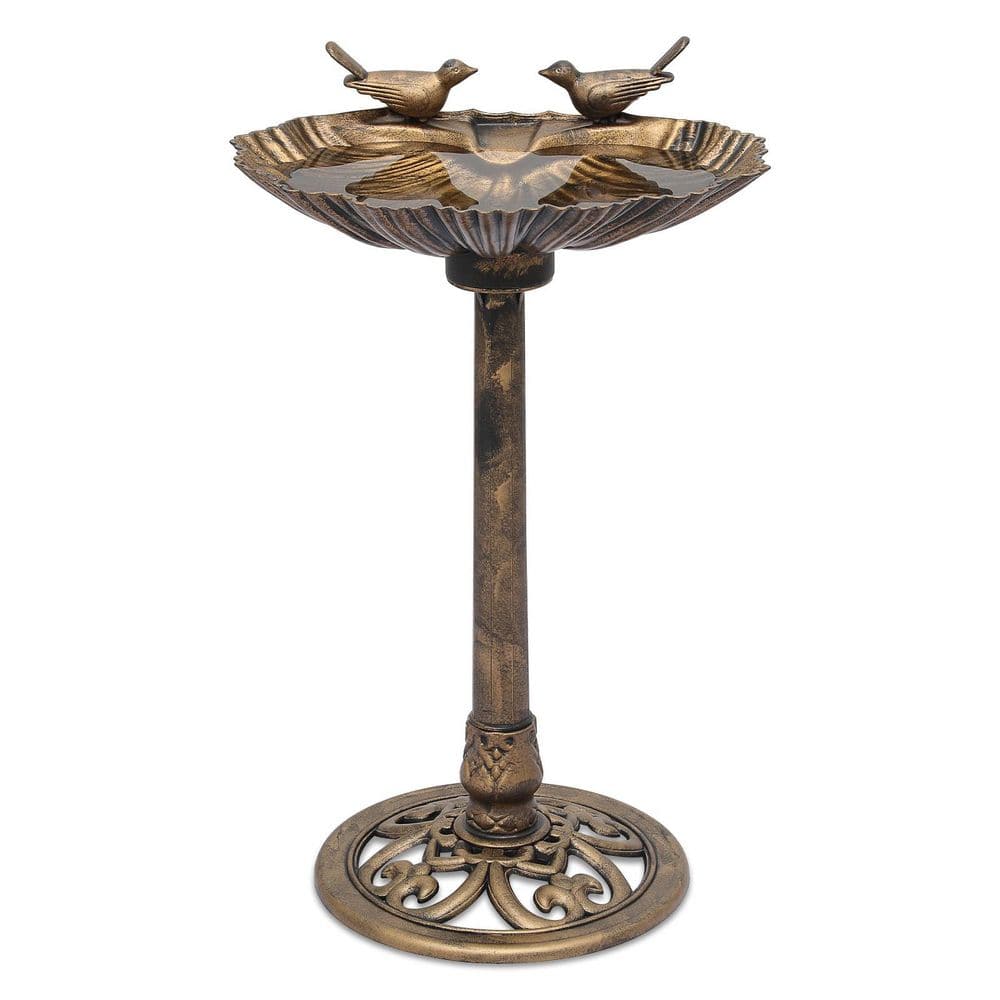 MoNiBloom Bronze PP Outdoor Round Pedestal Fountain Standing Water Bird Bath with Solar Pump (19 in. W x 31.5 in. H)