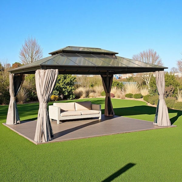 12 ft. x 16 ft. Hardtop Gazebo, Aluminum Permanent Outdoor Gazebo with Polycarbonate Double Roof, with Curtain and Net