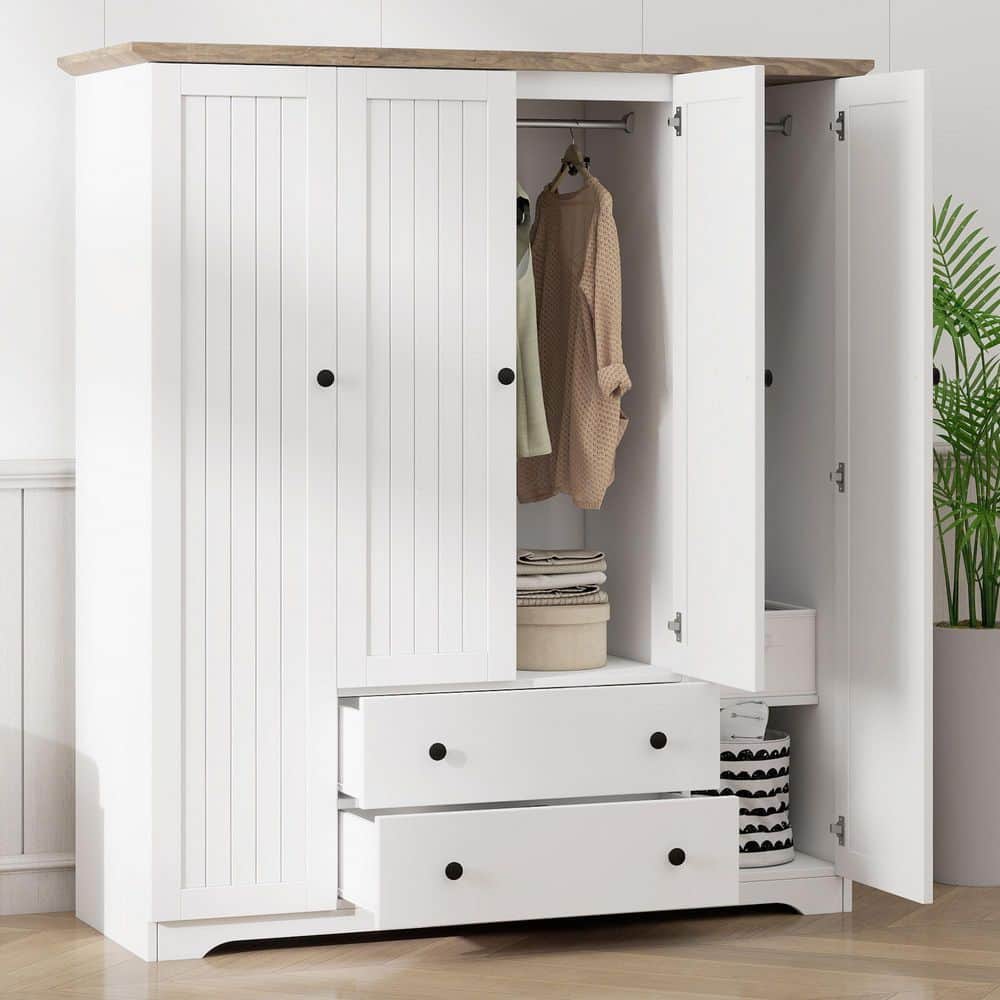 White Solid Wood 60.6 in. Wardrobe with 4 Doors and 2 Drawers - thumbnail 6