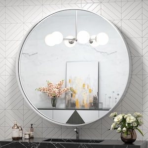 30 in. W x 30 in. H Medium Round Metal Framed Modern Wall Mounted Bathroom Vanity Mirror in Brush Nickel