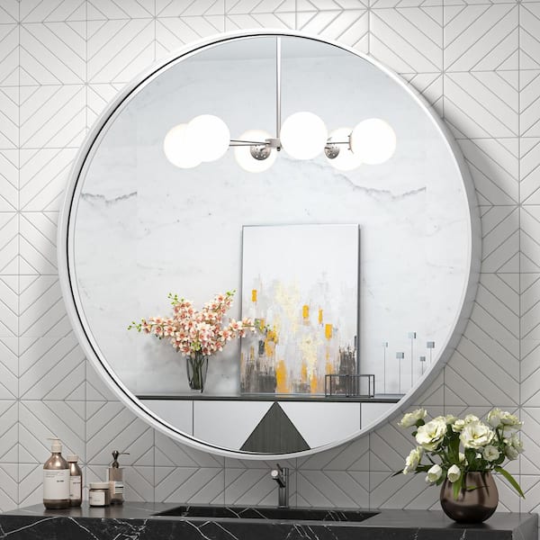 TETOTE 30 in. W x 30 in. H Medium Round Metal Framed Modern Wall Mounted Bathroom Vanity Mirror in Brush Nickel