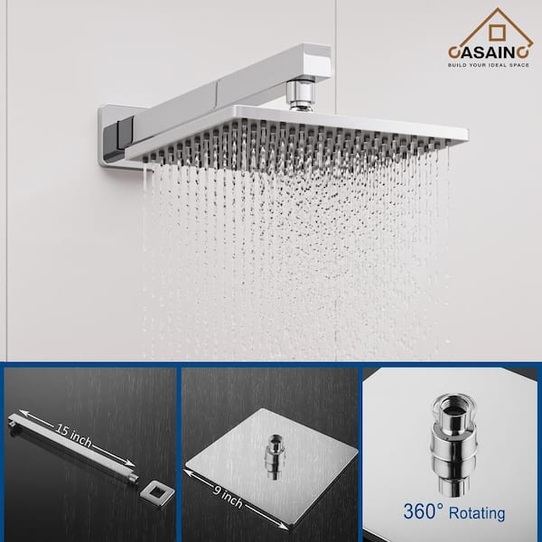 CASAINC 10-Inch Square Rain Shower System – Wall Mount With Handheld Spray, Anti-Scald Valve, And Tub Spout (Chrome)