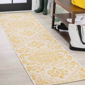 Estrella Cream/Yellow 2 ft. x 8 ft. Bohemian Medallion Textured Weave Indoor/Outdoor Area Rug