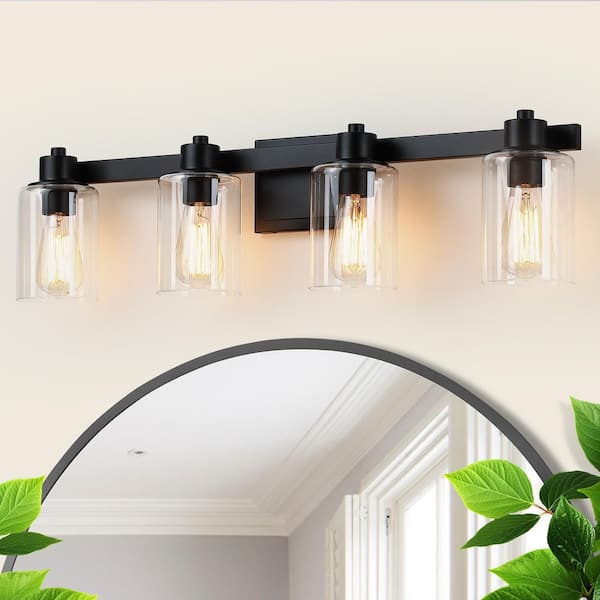 32 in. 4 Light Matte Black Vanity Light with Clear Glass Shades