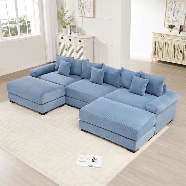 JTGJBC 129.9 in. Straight Arm 5-Piece Corduroy Modular Sectional Sofa with Ottoman and Ergonomic Design in Denim Blue
