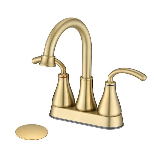 YASINU 4 in. centerset Double-Handles 360 Swivel Spout Bathroom Faucet Combo Kit with Drain Assembly in Brushed Gold