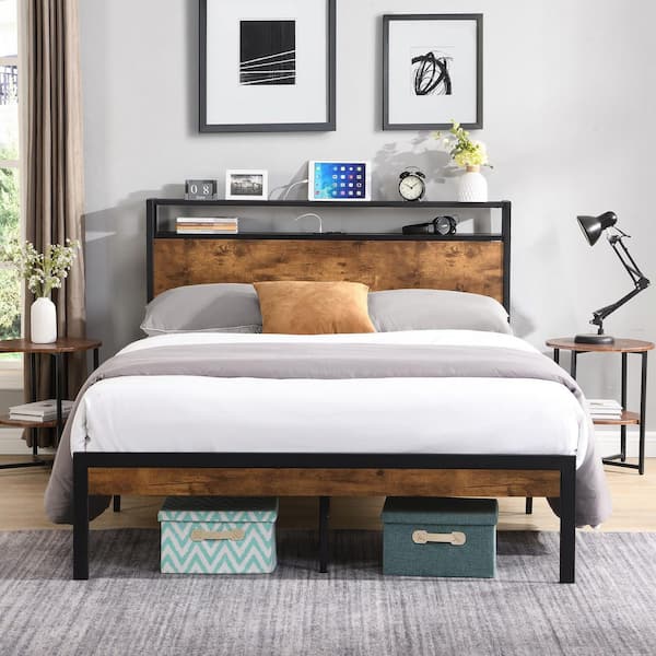 Black Metal Frame Queen Size Platform Bed with Wood Headboard and Footboard with USB LINER