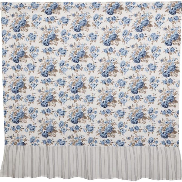 VHC BRANDS AnnieFloral 72 in Blue Soft White Portabella Ruffled Shower Curtain