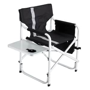 Black and Gray Oversized Aluminum Folding Outdoor Lawn Chair with Side Table and Storage Pockets for Camping, Picnics