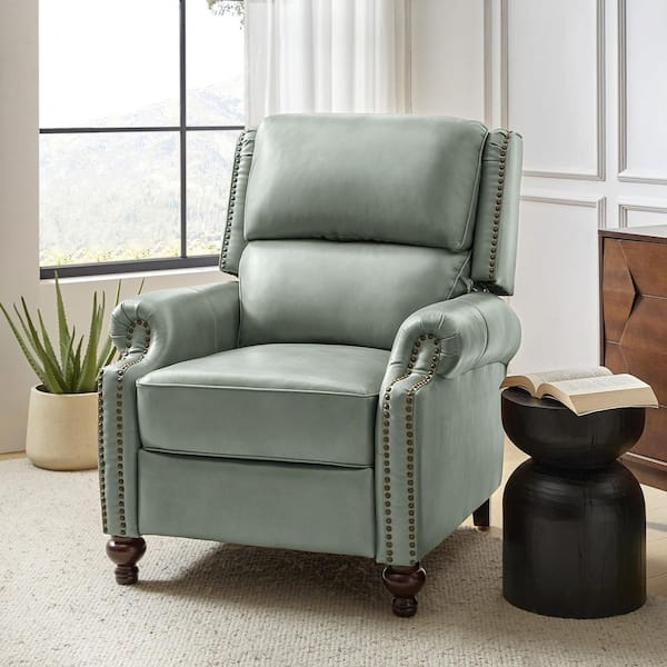 Elisabete Mid-century Modern Retro Sage Nail Head Trim Genuine Leather Cigar Recliner with Tapered Birch Wood Legs