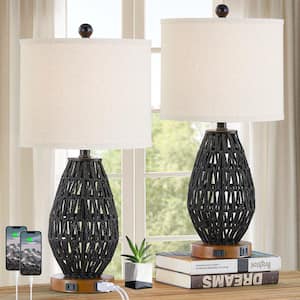 Adone 22.8 in. Touch Control Black Rattan Table Lamps Set of 2 with 2 USB Ports and AC Outlet (Set of 2)