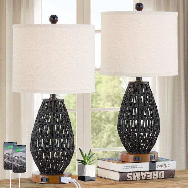 Cinkeda Adone 22.8 in. Touch Control Black Rattan Table Lamps Set of 2 with 2 USB Ports and AC Outlet (Set of 2)