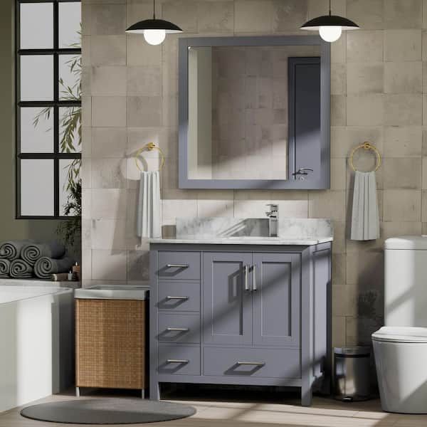 Lexora Jacques 36 in. W x 22 in. D Right Offset Dark Grey Bath Vanity, Carrara Marble Top, and 34 in. Mirror