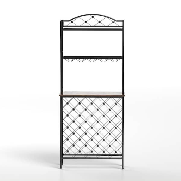 Unbranded 20-Bottle Brown Wood 3-Tier Wine Rack Bar Table and 16 Glass Holder with Storage Shelves, Metal and Wood Wine Organizer