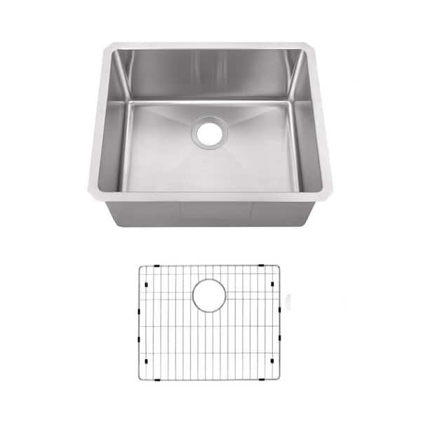 SINKDIRECT 23 in. Handmade Undermount Single Bowl 16-Gauge Small Radius Stainless Steel Kitchen Sink with Accessories