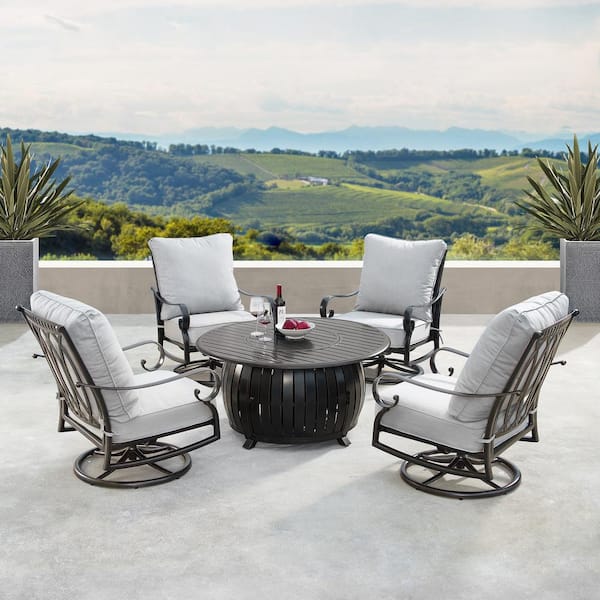 Rica Luxurious Antique Copper 5-Piece Aluminum Patio Fire Pit Deep Seating Set with Light Grey Cushions