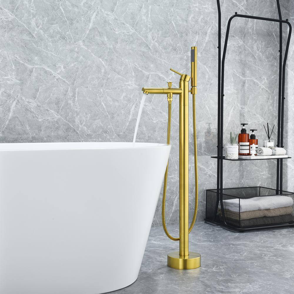 Brushed Gold Stainless Steel Freestanding Tub Faucet with Handshower